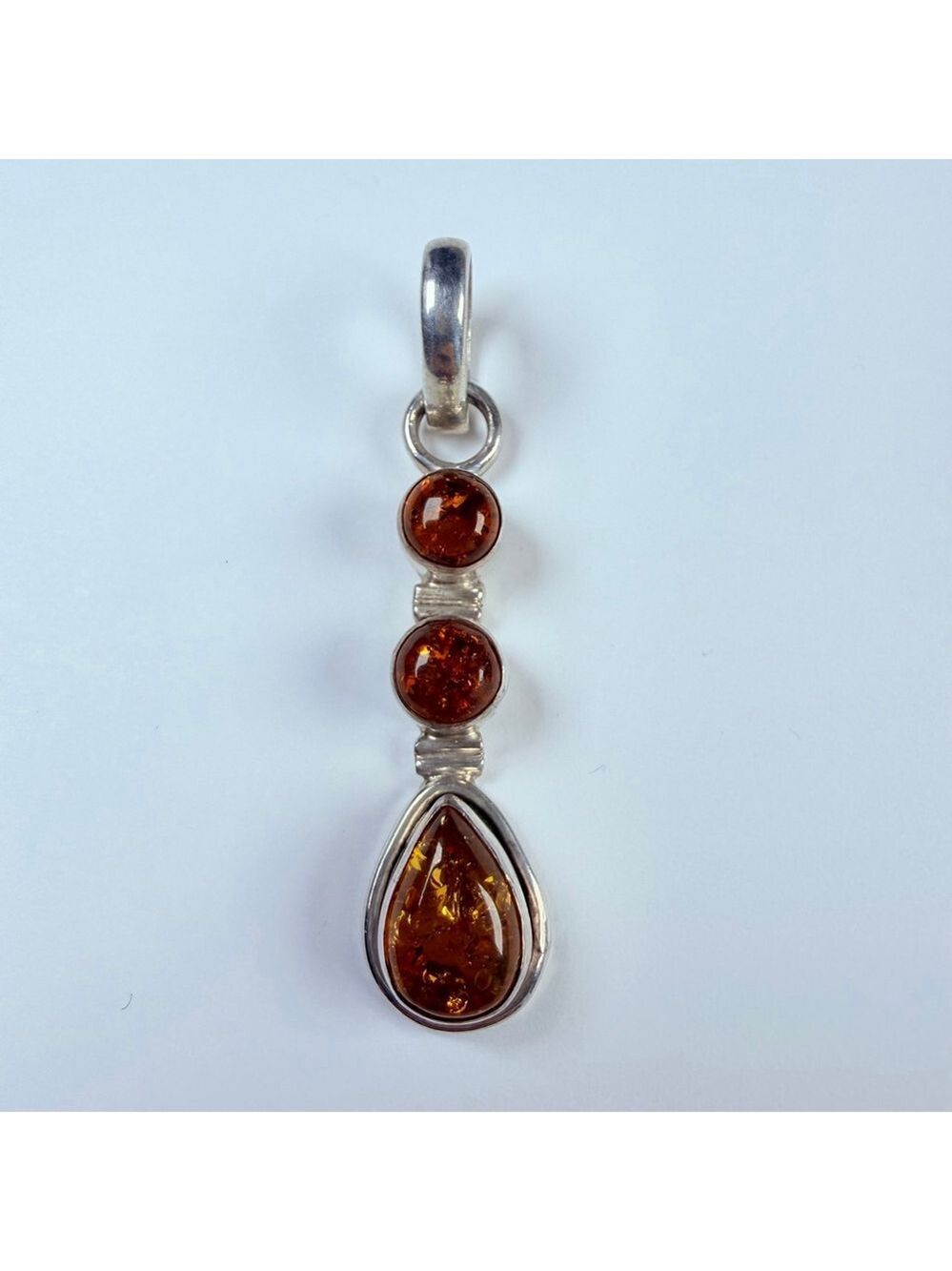 Baltic Honey Amber Cabochon 925 Sterling Silver 3 Stone Drop Necklace Pendant